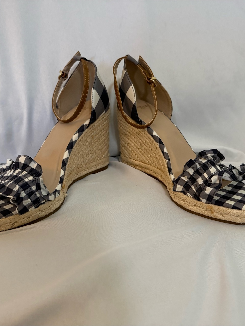 Draper James Blue and White Gingham Espadrille Wedge Sandals